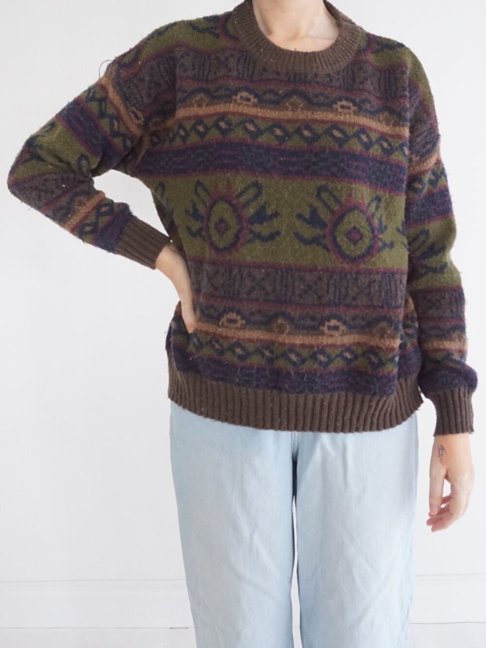 Vintage Olive Brown Tribal Southwestern Geometric Knit Sweater Cabin Grandpa M